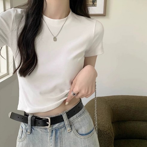 빠뻐을뻔 여성 정어깨 반팔 라운드넥 깔끔 슬림 크롭 티셔츠