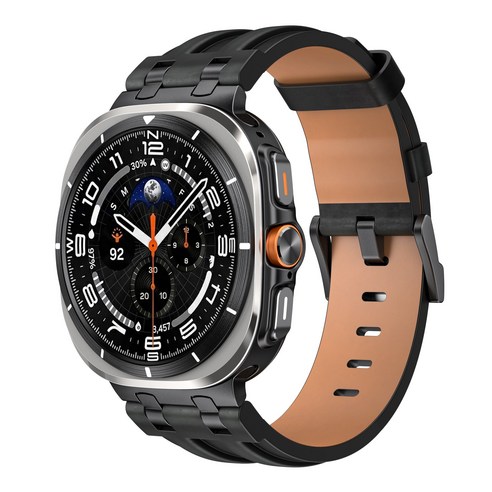 VANTIO 갤럭시워치8 울트라2/1 호환 가죽+스테인리스 메탈 조합 스트랩 시계줄 47mm, 1개, 블랙