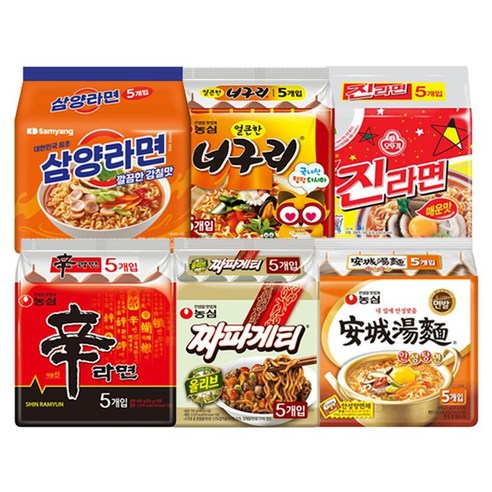 봉지라면 혼합 30 (신라면5+짜파게티5+안성탕면5+삼양라면5+너구리5+진라면매운맛5), 30개