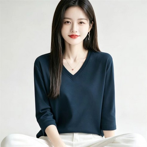 Vezri 여성 여름 V넥 7부소매 티셔츠 루즈핏 심플 데일리 F88