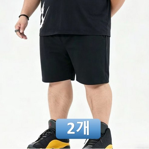 (1+1 2벌 L-10XL) 빅사이즈 반바지 트레이닝 5부 바지 남자 반바지 루즈핏 스판 밴딩 기본 바지 42 44 46 48 50 HTPDK12, 블랙+블랙
