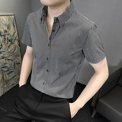 여름 남성 체크 패턴 주름 방지 슬림핏 데일리 클래식 반팔 칼라 셔츠