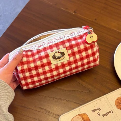KT 체크 봉제 사과 고양이 필통 파우치
