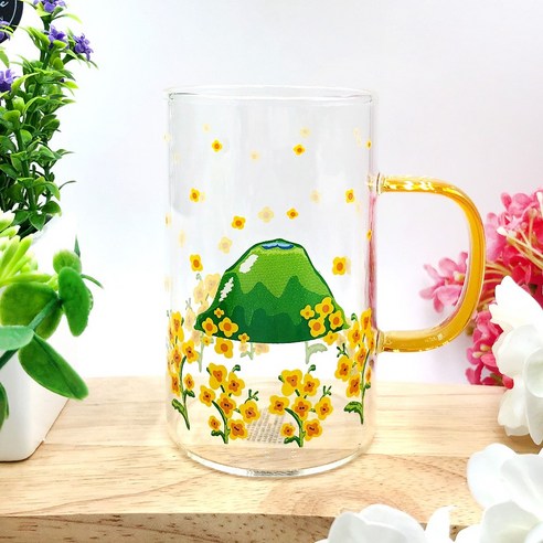 제주노리 칼라 핸들 유리 머그 유채 한라산 310ml 제주 유리컵 내열잔, 1개