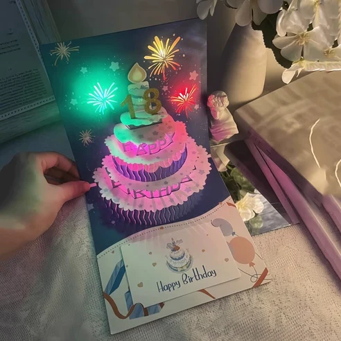 EC1983 멜로디 생일카드 음악 나오는 생일축하카드 3D 입체 팝업 생일 파티 이벤트 카드, 1개, 파랑
