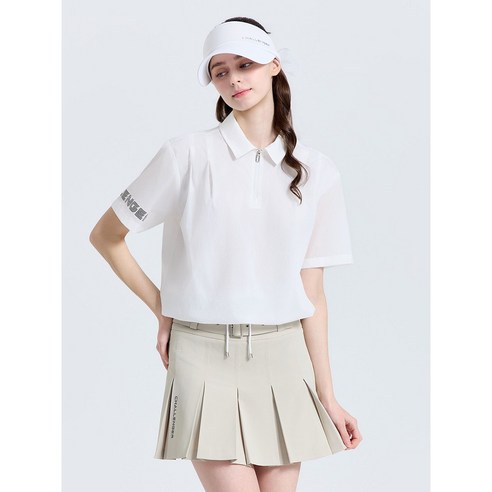챌린저 여성 제로라이트 벌룬 스트링 카라 편안한 반팔 우븐탑 (화이트)