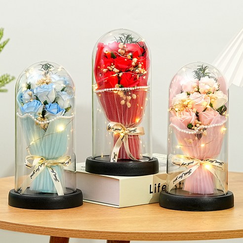꽃다발 장미꽃 유리돔 LED 무드등 기념일선물 인테리어, 1개, 빨간색