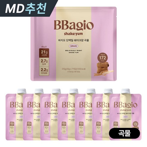 바지오 맛있는 미숫가루맛 단백질 쉐이크 고단백 식사대용 저당 프로틴 프리미엄 단백질 보충제 쉐이크얌 곡물맛 현미 보리 17곡 선식 미숫가루 콩 고소한맛 고단백 식단 다이어트, 7개, 45g