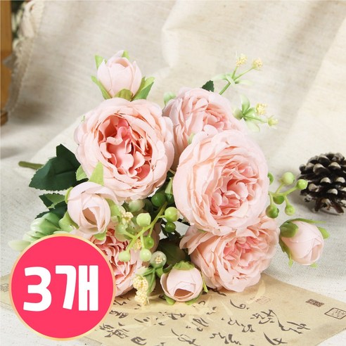마벨인홈 로맨스 장미 조화 플라워 인테리어 꽃 장식 3P, 1개, 핑크
