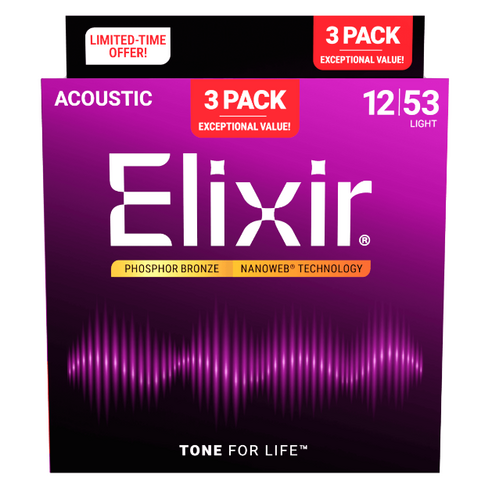 [공식수입정품] 엘릭서 3팩 16569 Elixir Nanoweb Phosphor Bronze 3Pack Light 나노웹 포스포브론즈 라이트 기타줄 구16545 (12-53), 1개