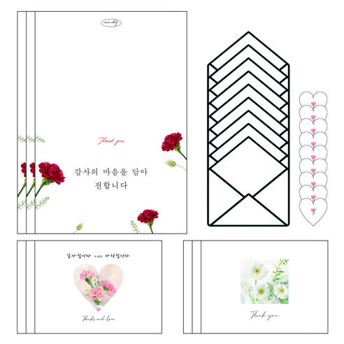 가정의달 스승의날 감사 카드 메세지 미니카드3종+봉투+스티커 세트, 9개, 3종 혼합