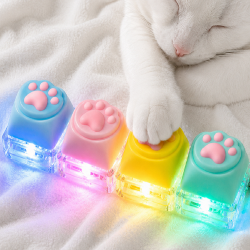 키캡월드 LED 고양이 키캡 키링 클리커 딸깍이 키보드 키홀더, 1개, 무지개