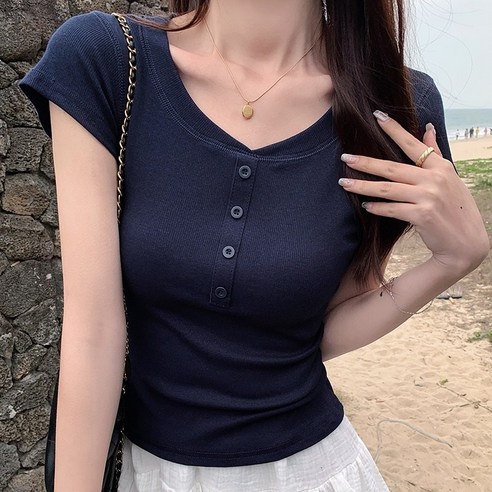 BiimTee 여성 헨리넥 반팔 리브드 반오픈 버튼 크롭 핏 티셔츠 날씬해보이는 캐주얼 탑