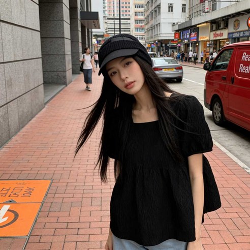 COSYEVNO 여성 블라우스 여름 빅사이즈 패션 사각 넥 셔링 루즈핏 반팔 상의