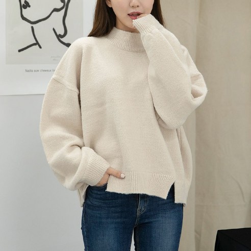 뜨개진 여성용 루즈핏 소매 퍼프 트임 반폴라 에보니 라운드 니트