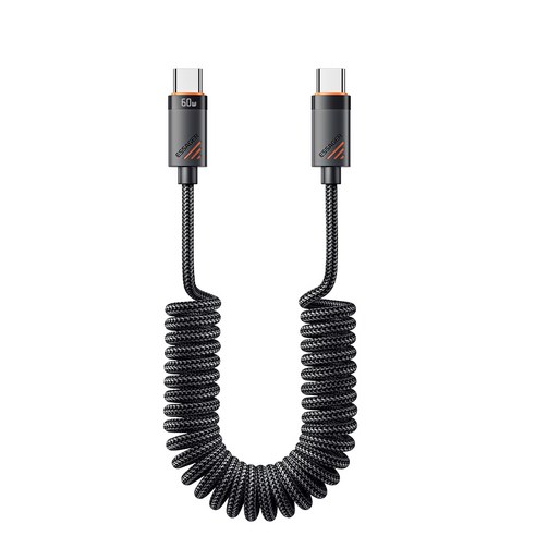 Essager PD 60W 코일 스프링 C to C타입 고속 충전기 케이블 1.2M 1개, 블랙