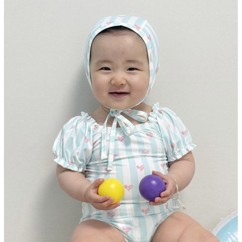 로이앤한나 핑크하트 스트라이프 3개월 6개월 9개월 돌 백일 신생아 반팔 셔링 여아 여자아기 원피스수영복 수영모자 세트