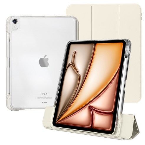 케노 아이패드 세로거치 애플펜슬수납 충전 더블투명케이스, 크림