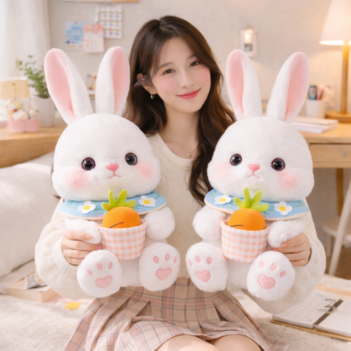 Clevoria 보송보송 귀여운 당근 토끼 봉제 인형 부드러운 촉감 대형 쿠션, 화이트