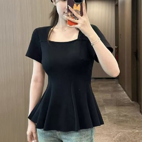 해피유통 여성 봄여름 출근룩 폴리혼방 사각넥 슬림핏 반팔 허리핏 플레어 티셔츠M09