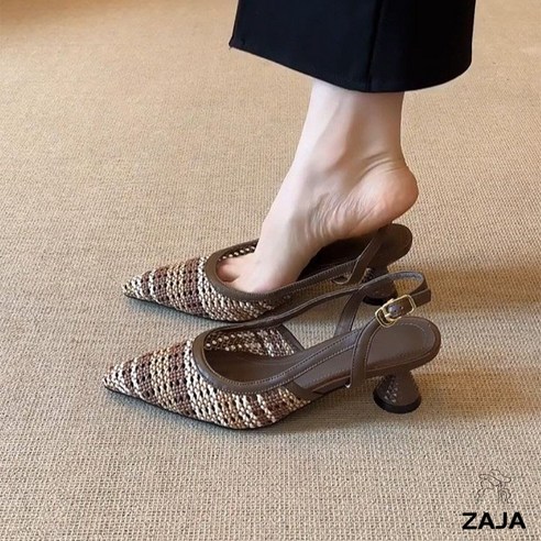 ZAJA 여름 짜임 뾰족코 슬링백 샌들힐 여성 데일리 미들힐 안정굽 7CM