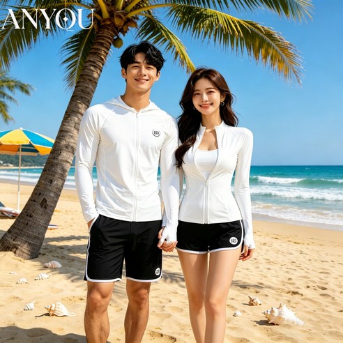 ANYOU 커플 수영복 래쉬가드 세트 남녀 집업 UV차단 빠른건조 비치웨어