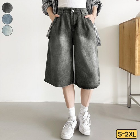 가비진 여성용 워싱 데님 버뮤다 허리 조절 5부 데님팬츠 청반바지 바지 팬츠 반바지