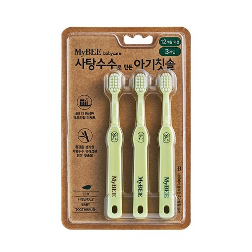 마이비 사탕수수로 만든 아기칫솔, 혼합색상, 3개입, 1개