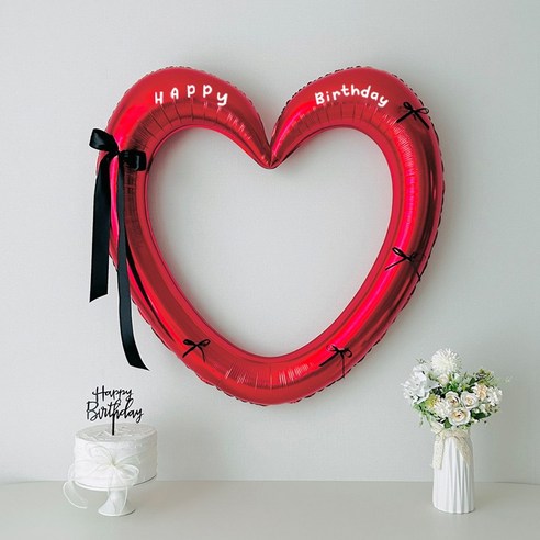 연지마켓 생일 하트프레임풍선 블랙 숫자 생일파티 용품 세트 (자유레터링), 1세트, 레드하트 포인트리본