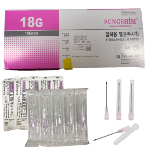 성심메디케어 일회용 멸균 주사침 18G 38mm 100ps 병원 의료용 니들 개별포장 피부과 여드름 성장 바늘, 200개, SS-18GX38mm