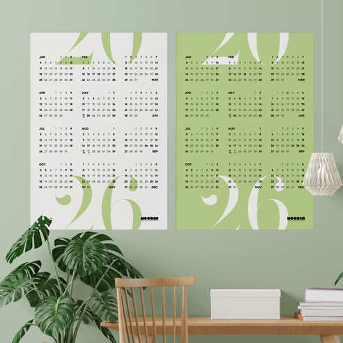 [무딘취향] 2026 대형 포스터 캘린더(한장달력)세트 2장, 화이트그린1매&그린1매