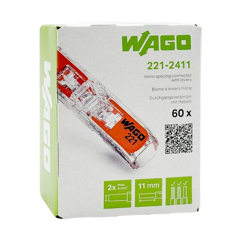 와고 전선커넥터 전선연결 전기자재 WAGO 221 2411 모든전선용 직결형, 60개 60개