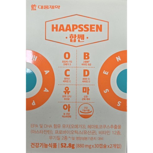 대웅제약 합쎈 오메가3 비타민B C D 유산균 아스타잔틴 신경 근육 케어 건강기능식품, 30정, 2개