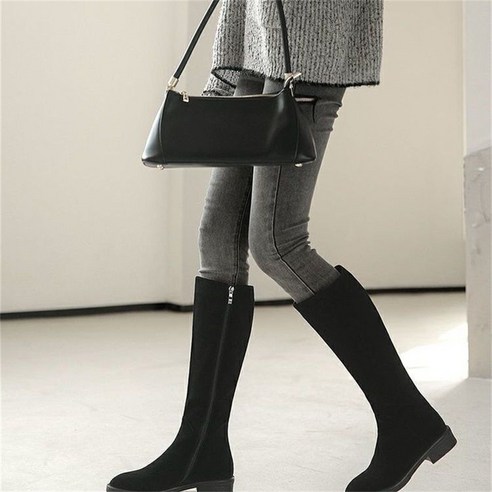 TKX 여성용 심플한 롱부츠 사이드 지퍼 디자인 가을 겨울 평소 착용 편안한 플랫 신발 KZ35