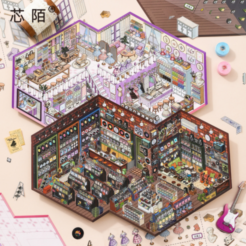 [취향이 모이는 가게] 가게 경영 이야기 3.0 3D 집 꾸미기 스티커 빅사이즈 2종세트(핀셋포함), 1세트, 혼합