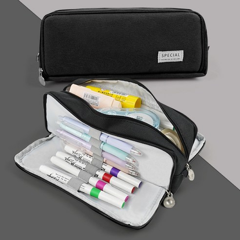 마카롱 더블 윈도우 캠퍼스 패브릭 대용량 필통 수납파우치, 블랙, 1개