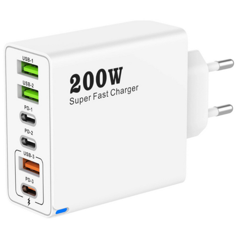 200W 접지 초고속 충전기 6포트 3USB+3PD 적용애플 아이폰 아이패드 삼성 갤럭시 픽셀 고속 전원 어댑터, 1개, 흰색