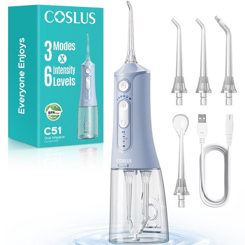COSLUS 코슬루스 6단 수압+3종 모드 휴대용 구강세정기 IPX7 급방수+4개 노즐팁, 파란색, C51