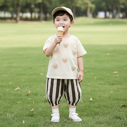 몽실이 곰장식 반팔상하복 아동 반팔 상하세트 유아 여름 상하복 키즈 트레이닝 상하복 스트라이프 데일리 키즈코디 키즈세트