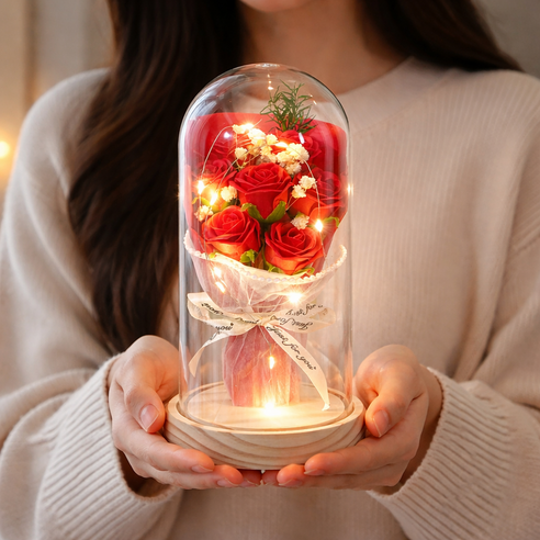 퓨어넥스 변하지않는 유리돔 LED 장미 꽃다발 무드등, 1개, 핑크