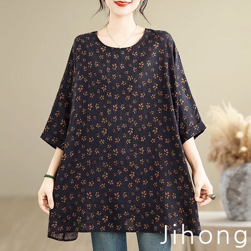 지홍 여름 프린팅 블라우스 가오리핏 빅사이즈 오버핏 88 99 아주큰 미시 마담 XXX
