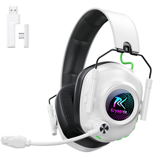 Krysenix 무선 게이밍 헤드셋 가상 7.1채널 초경량 2.4G 블루투스 6.0 초저지연 RGB 노이즈 캔슬링 마이크, 화이트 블랙, KGH2