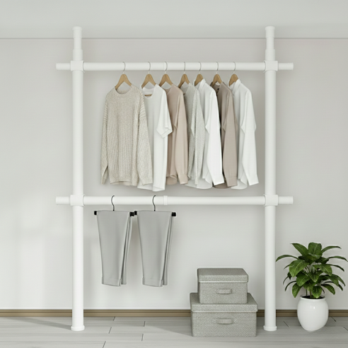32파이 와이드 2단 행거 고정식 설치형 튼튼한 시스템 행거, 넓이 100-180cm x 높이 110-260cm 넓이 100-180cm x 높이 110-260cm