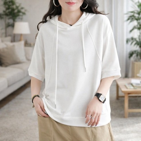 루미빈 여성 순면 후드 프린트 루즈핏 반팔 티셔츠