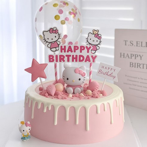 (딸기파티 산리오) 글리터하트 케이크토퍼 세트 데코픽 생일 파티 데코 피규어 장식