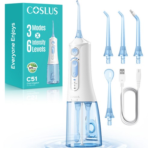 COSLUS 코슬루스 6단 수압+3종 모드 휴대용 구강세정기 IPX7 급방수+4개 노즐팁, 하얀색, C51