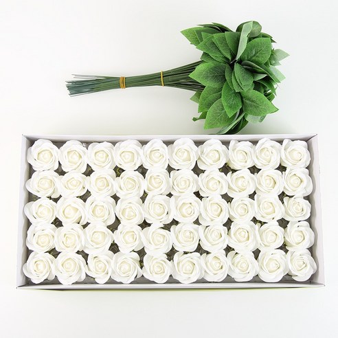DIY 장미 비누꽃 50송이+잎사귀 꽃대 50개, 1개, 화이트