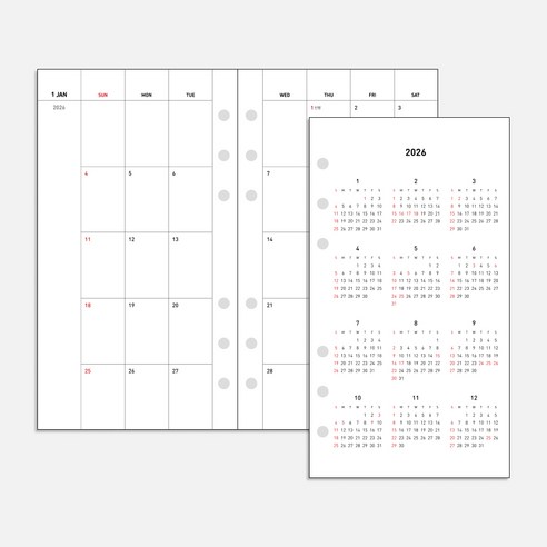데이스테이션 6공 다이어리 A6 속지 2026 먼슬리플래너, 일요일, 연결형