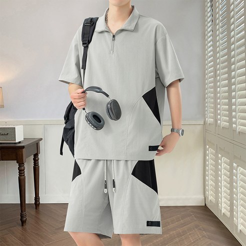 ANYOU 남성용 여름 루즈핏 배색 반팔 세트 빅사이즈 츄리닝 상하의 세트