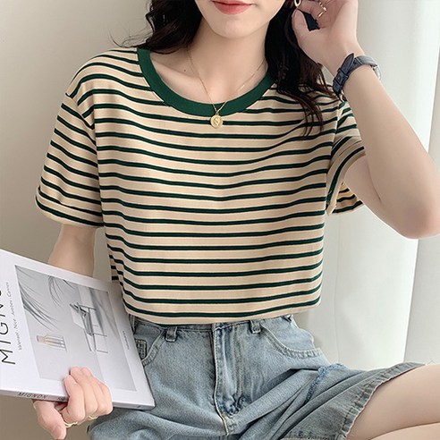 데일로엔 여성 라운드넥 줄무늬 반팔티셔츠